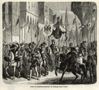 39492 Afbeelding van de intocht van keizer Maximiliaan van Oostenrijk en zijn gevolg in een straat met gefantaseerde ...